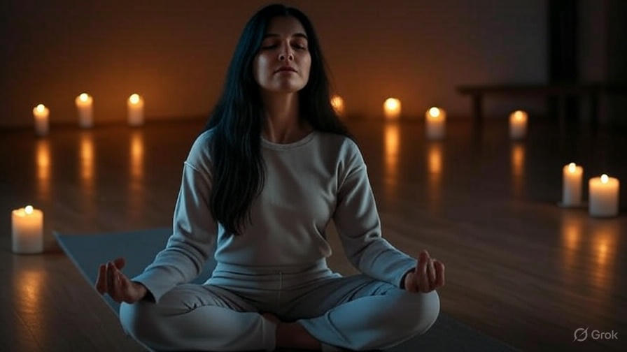 A woman meditating on a yoga mat, candlelight setting, peaceful mood