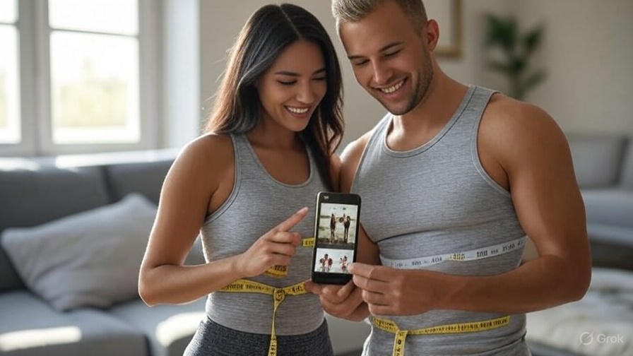 Happy man and woman comparing fitness progress photos on phone with measuring tape around waist