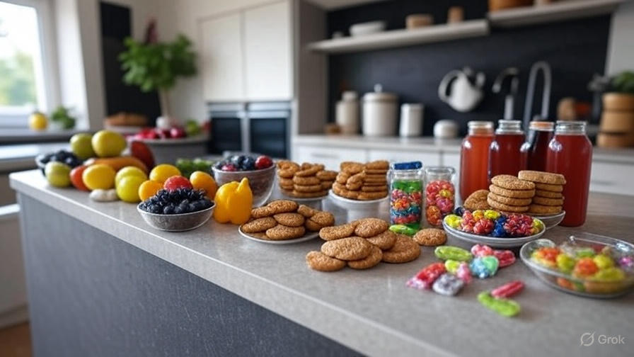 “Healthy kitchen swap – sugary snacks replaced with whole foods on a kitchen counter”