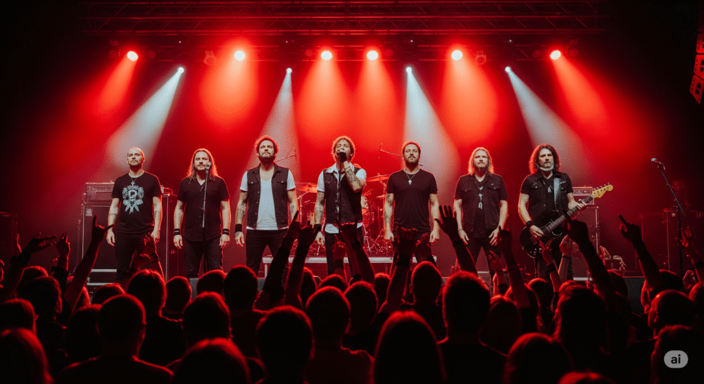 Band lined up on stage, bathed in red lights, fans roaring.