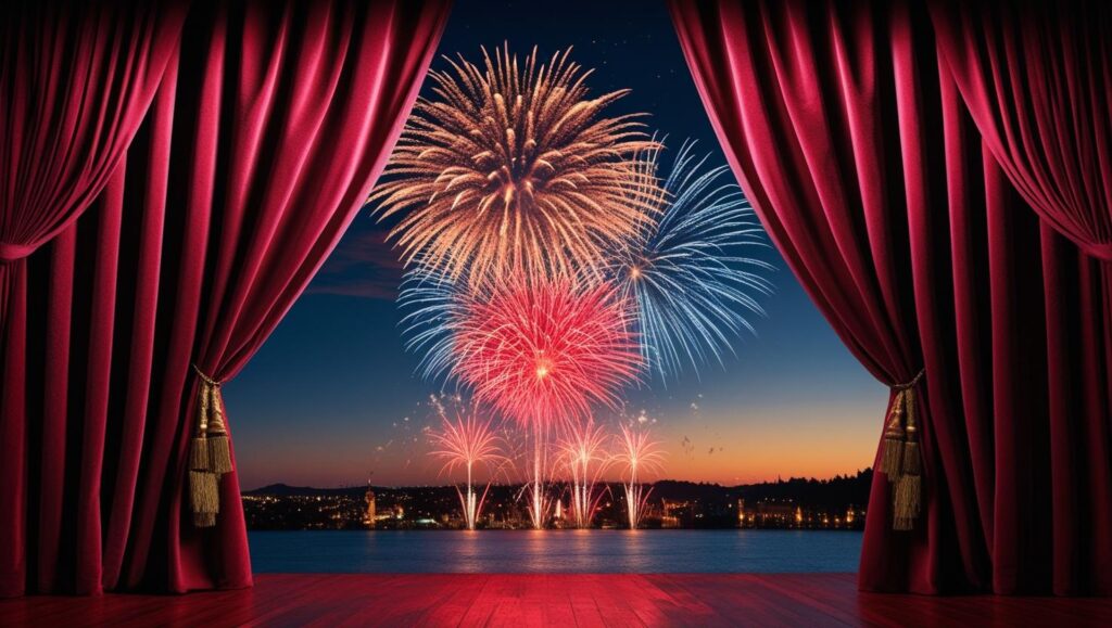 Stage curtain falling, fireworks exploding above the venue