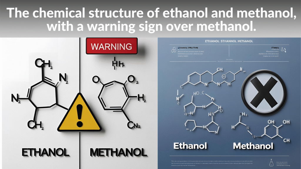 The chemical structure of ethanol and methanol, with a warning sign over methanol.