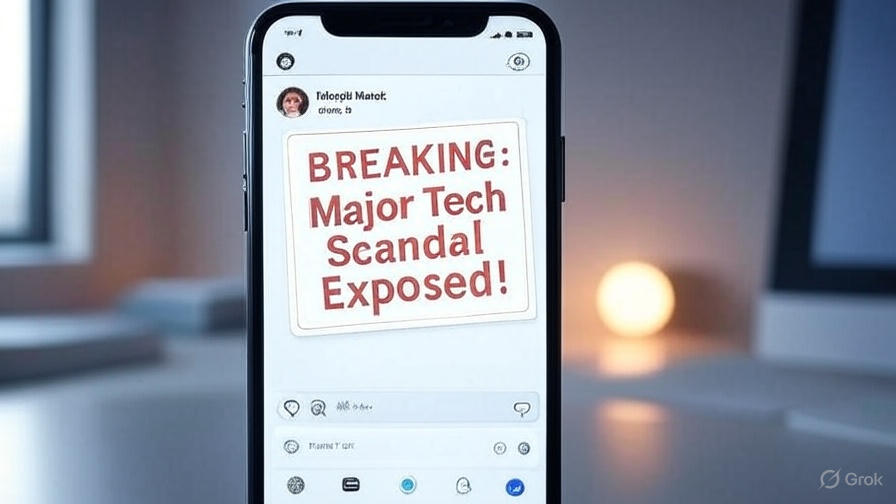 "Screenshot illustration of a viral social media post about a tech scandal, with alert signs."