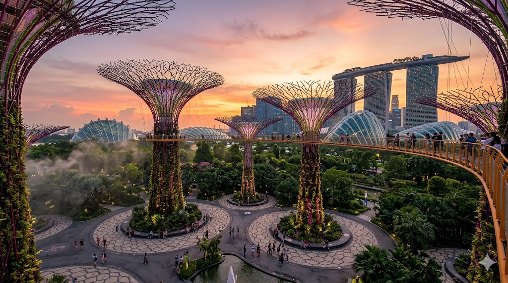 Futuristic Supertree Grove glowing at night with colorful lights and tourists exploring the gardens