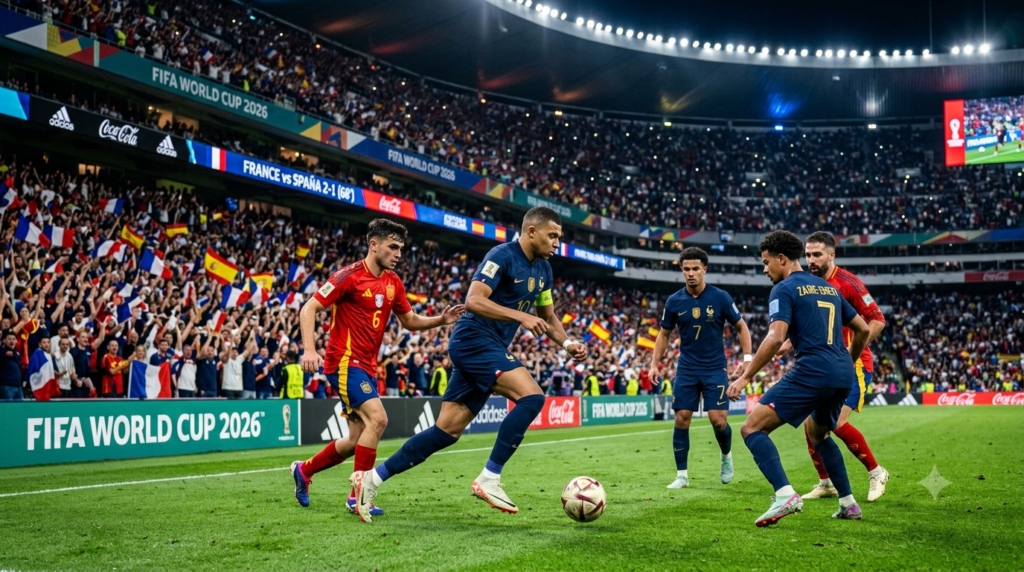 "Young football superstars competing in FIFA World Cup 2026, dramatic stadium lights, action-packed moment, realistic sports photography, cheering crowd."