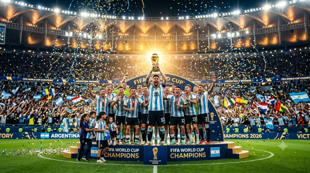 "FIFA World Cup trophy shining under golden lights, champions celebrating victory, confetti raining, emotional football moment, ultra-realistic, cinematic sports scene."